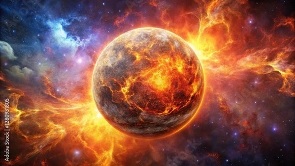 Fototapeta Fiery Sphere Ascending on Cosmic Background, ascending flame, nuclear reaction,  ascending flame, nuclear reaction,fireball