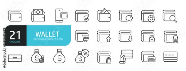 Fototapeta Set of line icons related to wallet, money, finance. Outline icons collection. Editable stroke. Vector illustration