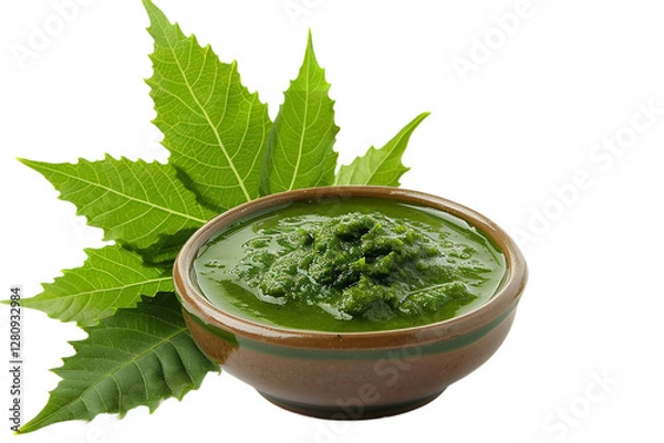 Fototapeta A close shot of neem leave with bowl of neem baste over plain transparent backdrop or PNG for herbal product type poster or graphic use, Generative AI.