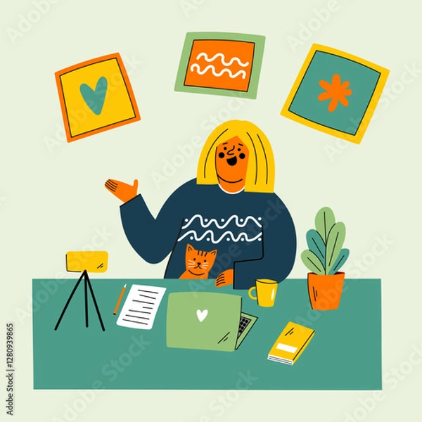 Obraz Remote Work with Cat and Laptop