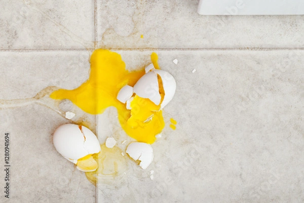 Obraz Dropped eggs making a mess on kitchen floor