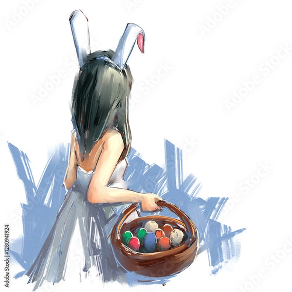Fototapeta set of artistic illustration of little girl wearing a white dress and a headband with bunny ears, holding a basket filled with colorful eggs, easter egg hunt concept, digital art painting,