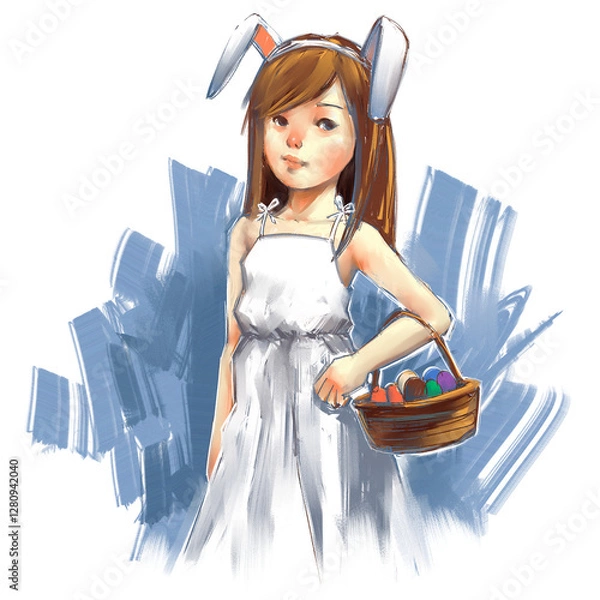 Obraz set of artistic illustration of little girl wearing a white dress and a headband with bunny ears, holding a basket filled with colorful eggs, easter egg hunt concept, digital art painting,