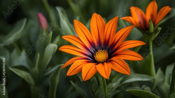 Fototapeta A close up of a single orange flower with a yellow center