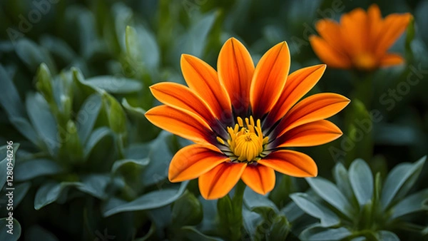 Fototapeta A close up of a single orange flower with a green stem