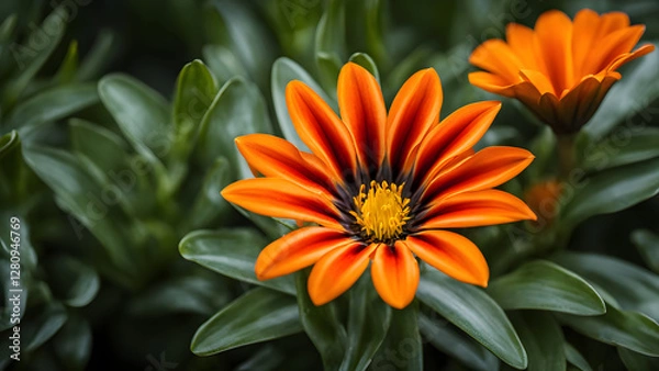 Fototapeta A close up of a single orange flower with green leaves