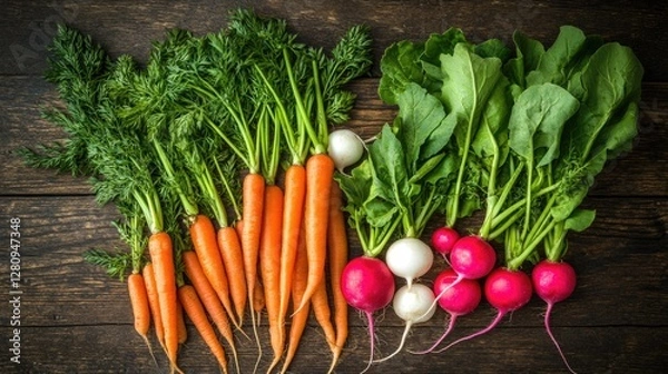 Fototapeta A close-up of various carrots, radishes, and other root vegetables on a table. They are fresh, organic, and ready for cooking or eating raw.