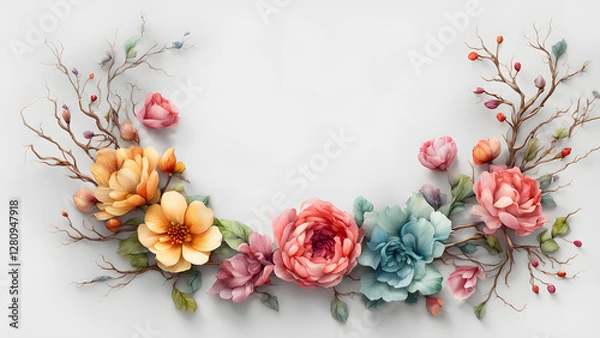 Fototapeta A colorful bouquet of flowers is arranged in a circle on a white background