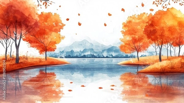 Obraz Autumnal Landscape Watercolor Painting High Resolution Stock Photo