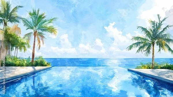 Obraz Watercolor Painting of an Infinity Pool with a Breathtaking Landscape View
