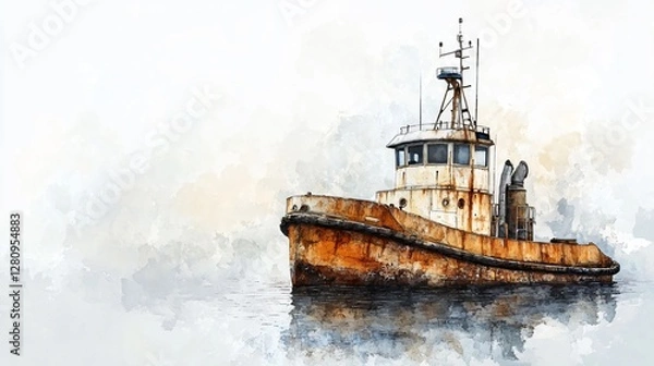 Obraz Rusted Tugboat Painting in Watercolor