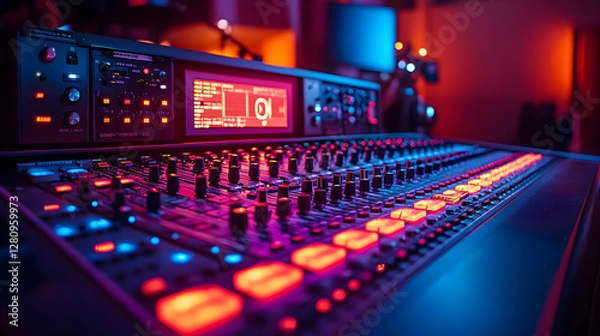 Obraz Illuminated Audio Mixing Console in Recording Studio