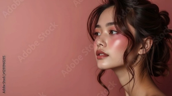 Fototapeta A woman with red hair and red lipstick is standing in front of a red background. She has a confident and bold look on her face