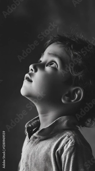 Fototapeta In a serene black-and-white portrait, a young Indian child gazes upward, embodying innocence and wonder. The soft contours of their face highlight a moment filled with dreams and curiosity