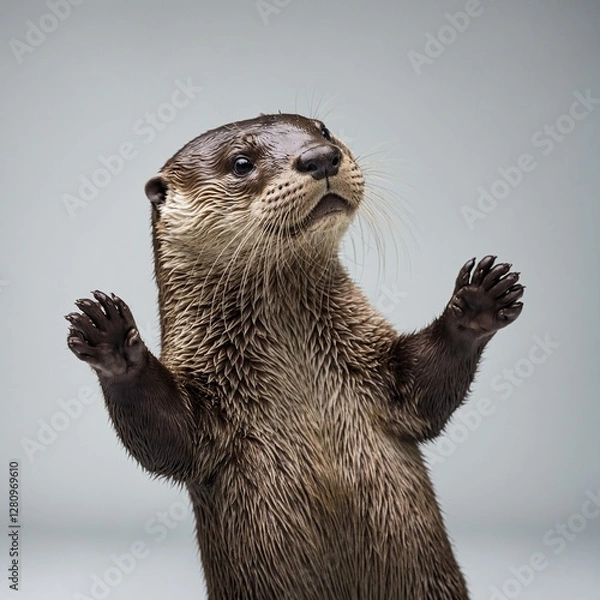 Fototapeta "A realistic otter standing on its hind legs, reaching out with its tiny paws, isolated on a white background."