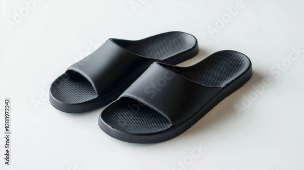 Fototapeta Minimalist black slide sandals on white background