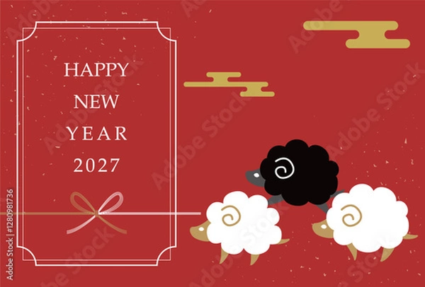 Fototapeta 未年を祝うお祝いの年賀状テンプレートイラスト 和風 2027年