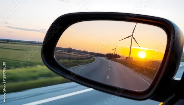Fototapeta Car side mirror reflecting highway and wind turbine in the distance symbolizing travel, renewable energy, and road journey.