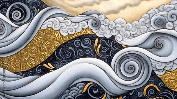 Fototapeta Abstract Gray White Gold Wave Wall Art with Fish Pattern