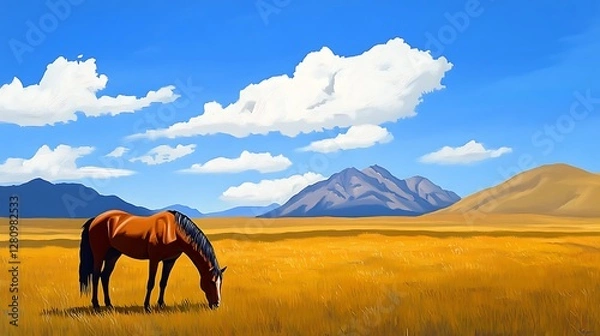 Fototapeta Brown Horse Grazing in Golden Field with Mountain Background