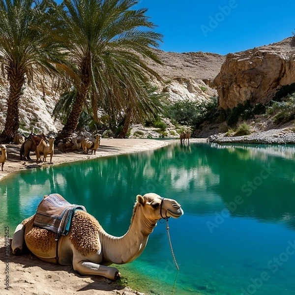 Fototapeta Camel Resting by Turquoise Lake in Desert Oasis Surrounded by Palm Trees and Cliffs