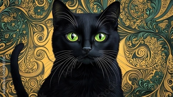 Fototapeta Closeup of Black Cat with Green Eyes Against Intricate Gold and Green Paisley Pattern