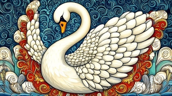 Fototapeta Elegant White Swan in Ornate Teal and Gold Pixel Art