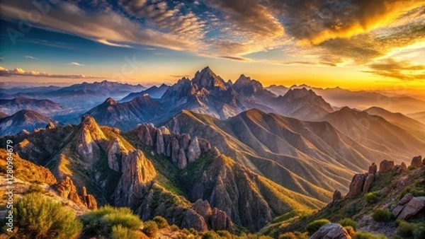 Fototapeta Panoramic view of a mountain range at sunset, nature, rugged terrain,  nature, rugged terrain, landscape