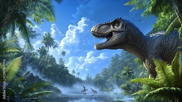 Fototapeta Pixelated Tyrannosaurus Rex in a Lush Prehistoric Jungle