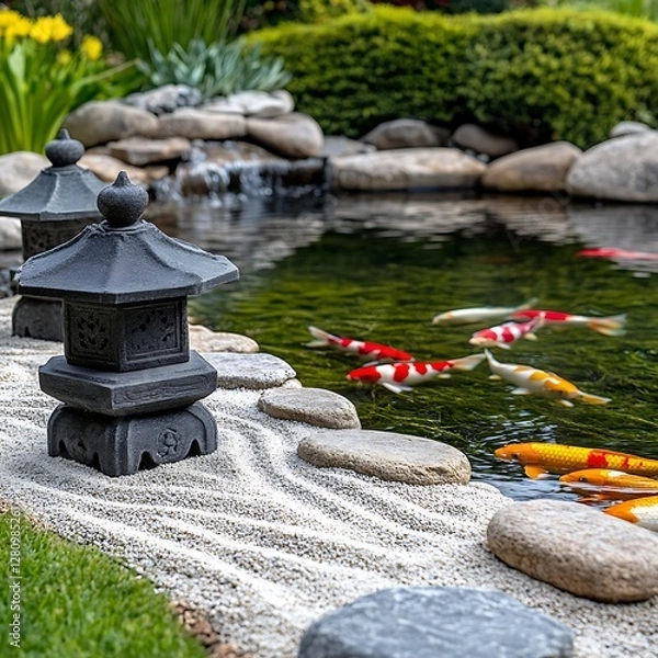 Fototapeta Serene Koi Pond with Stone Lanterns and Lush Greenery