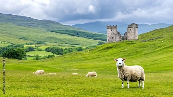 Fototapeta Sheep Grazing near Ancient Stone Castle Ruins under a Cloudy Sky