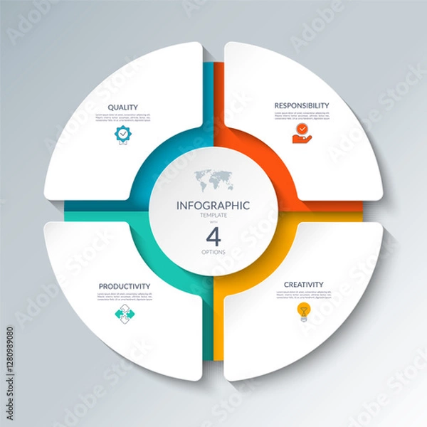 Obraz Infographic circular diagram with 4 options. Round chart that can be used for business presentations, educational resources, marketing materials, visualizing data, simplifying complex information.