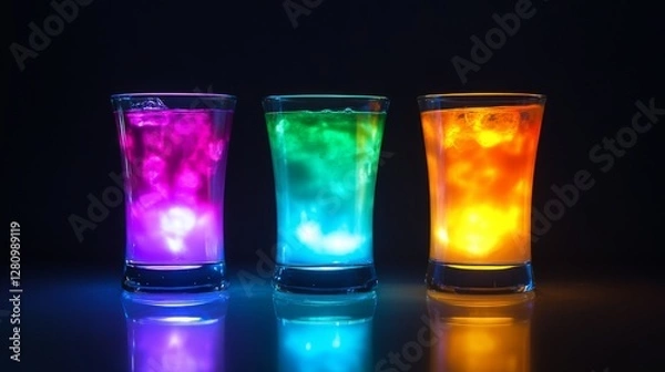 Fototapeta Glowing colorful drinks in glasses with ice on dark background