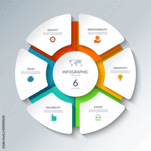 Obraz Infographic circular diagram with 6 options. Round chart that can be used for business presentations, educational resources, marketing materials, visualizing data, simplifying complex information.