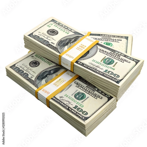 Obraz Stacks of Money: Piles of one hundred dollar bills, representing wealth and finances. Isolated on a transparent background, PNG.