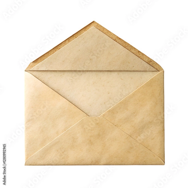 Fototapeta Opened aged paper envelope, revealing its textured interior Isolated on a transparent background, PNG.