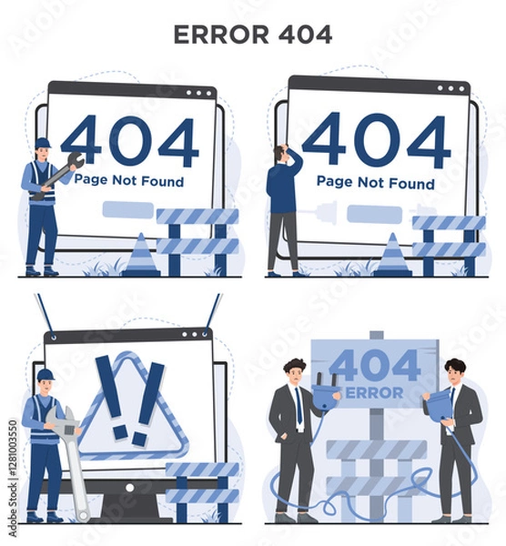Fototapeta Set of Error 404 page not found concept with missing webpage message and broken link notification