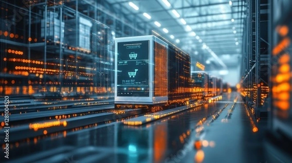 Fototapeta A futuristic warehouse scene featuring digital containers and glowing data streams, highlighting advanced logistics and technology.