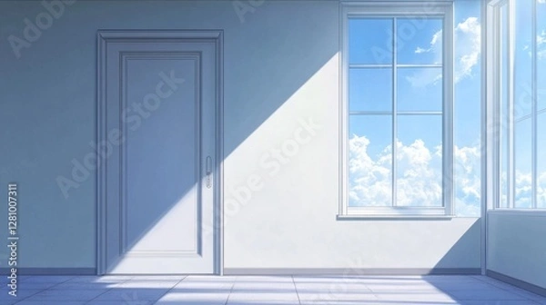 Fototapeta Soft light permeates a tranquil space as an open door leads to a vast sky adorned with fluffy clouds, creating a dreamlike atmosphere in a simple, white room