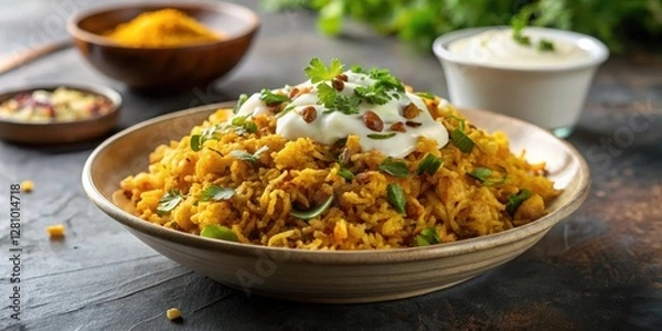 Fototapeta A close-up shot of Kanda Batata Poha with crispy onions and a dollop of yogurt, highlighting the textures and flavors of the Maharashtrian breakfast staple , kandabatata, creamy