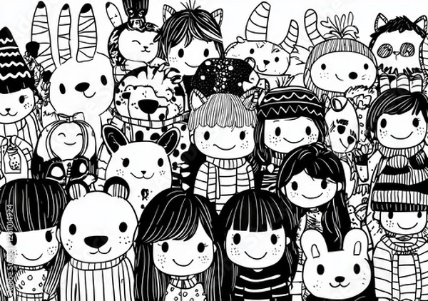 Obraz Hand drawn faces of various ethnicities form a seamless pattern of people's faces