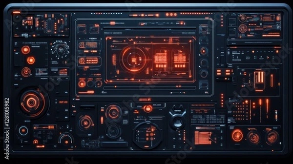 Fototapeta Futuristic digital interface with glowing orange elements.