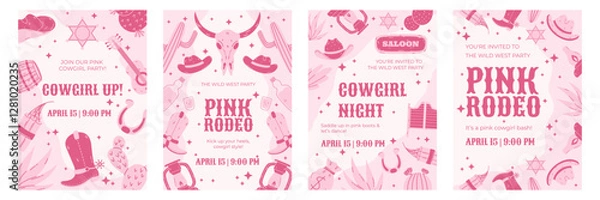 Fototapeta Set of pink Wild West-themed party poster templates with cowboy and rodeo illustrations. Cartoon vector design for event promotion. Poster mockups for greeting cards, invitations, or banners.