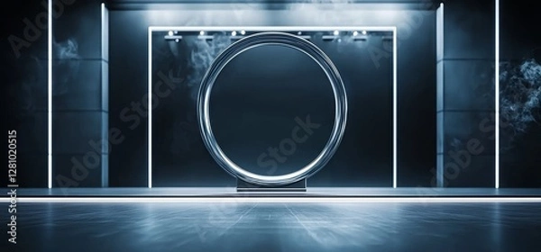 Fototapeta A modern alien-themed dance club's futuristic triangle arc gate, adorned with neon lasers in Pantone purple, violet, and orange, appears in a smoke-filled 3D rendering of a concrete corridor,