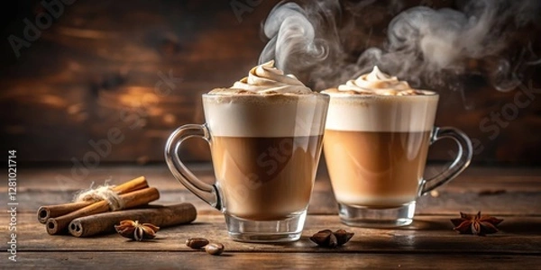 Fototapeta Two glasses of steaming hot latte with cream on top and a sprinkle of cinnamon in the background, afternoon, cup,  afternoon