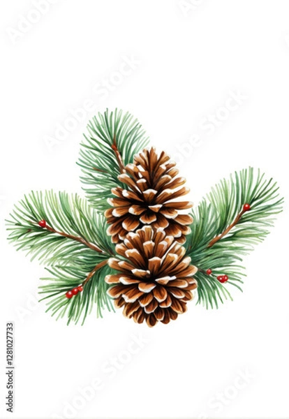 Fototapeta Christmas Winter Hand Painted Pine Tree Pinecone Element Decorative Pattern