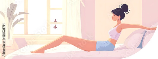 Obraz A woman stretching in bed, cartoon-style vector illustration with pastel pink colors
