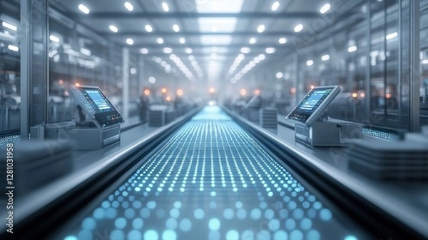 Obraz A modern, high-tech facility with illuminated conveyor belts and digital screens, emphasizing efficiency and automation in operations.