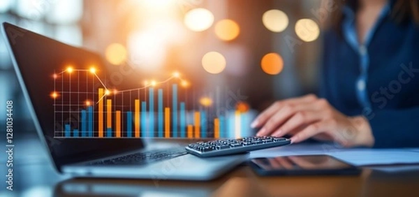 Obraz A businesswoman or accountant is working on financial investments using a calculator to calculate and analyze business and marketing growth based on financial document data graphs, representing