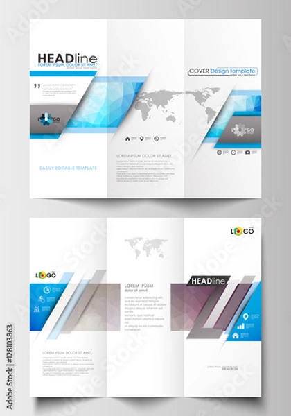 Obraz Tri-fold brochure business templates on both sides. Easy editable layout in flat design. Abstract triangles, blue triangular background, colorful polygonal pattern.